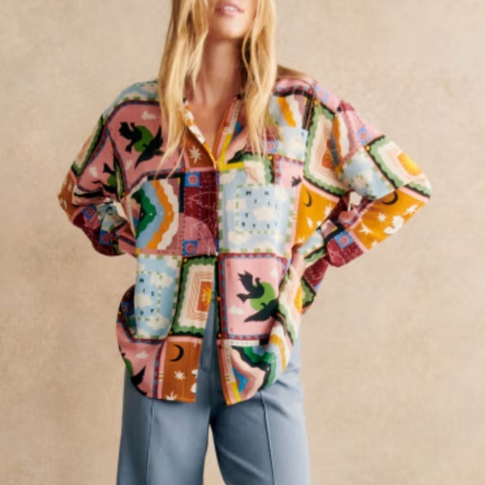 SÉZANE X PANGEA MAX SHIRT 100% Silk Button Down Long Sleeve Patchwork Multicolor - Picture 5 of 13